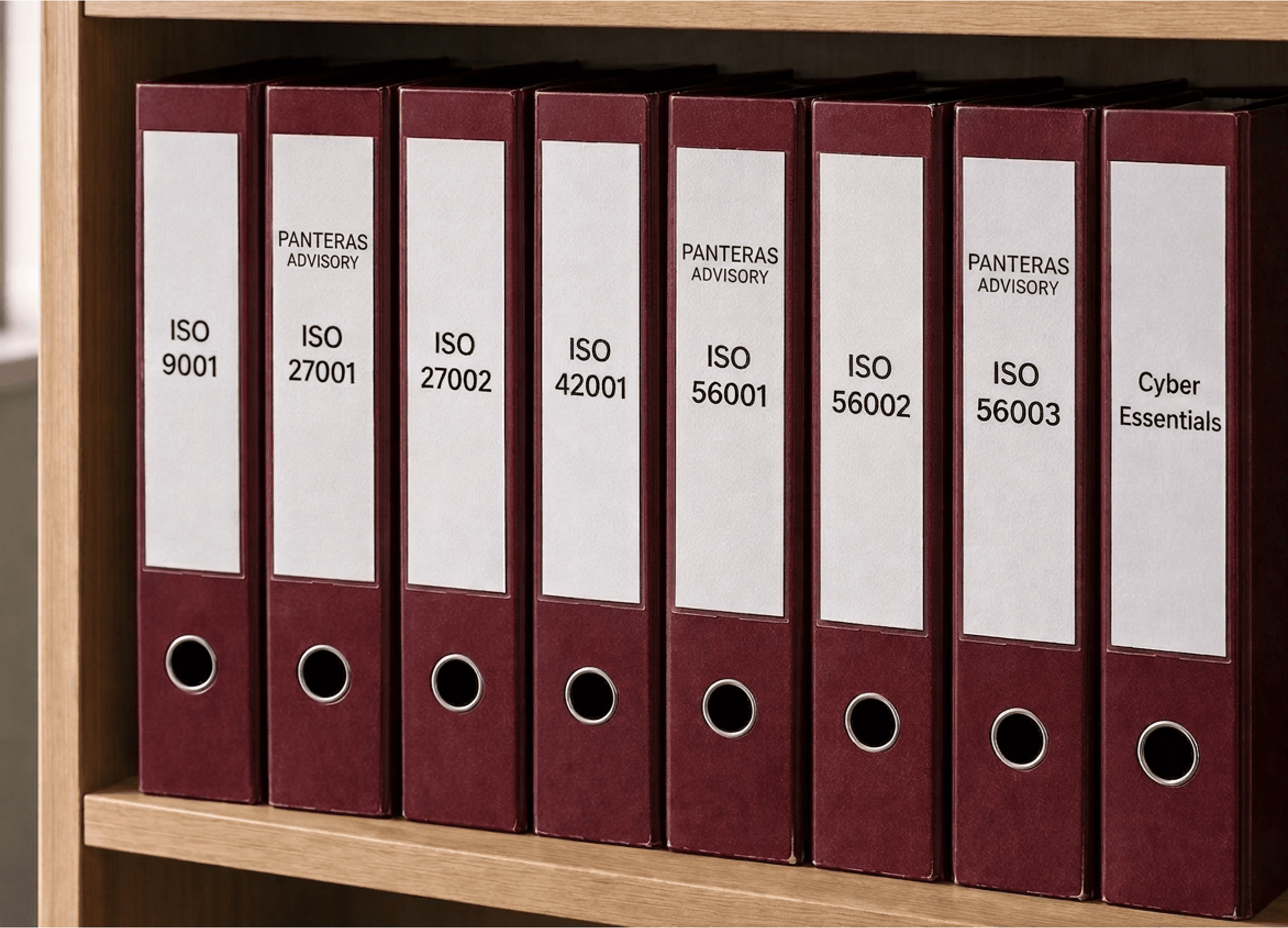 A row of mulberry-coloured A4 ring binders on a light oak office shelf. The binders are labelled ISO 9001, ISO 27001, ISO 27002, ISO 42001, ISO 56001, ISO 56002, ISO 56003, and Cyber Essentials, with the Panteras Advisory wordmark on three of the inserts.